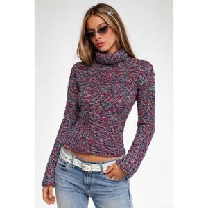 VTG DKNY Jeans Y2K Chunky Knit Turtleneck Sweater Pink & Blue SZ LARGE Cool Girl